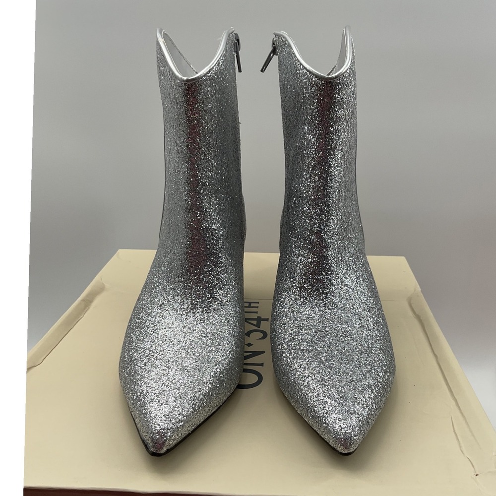 On 34th Aatira Silver Glitter Western Ankle Boots Pointed Toe Kitten Heel 7.5M